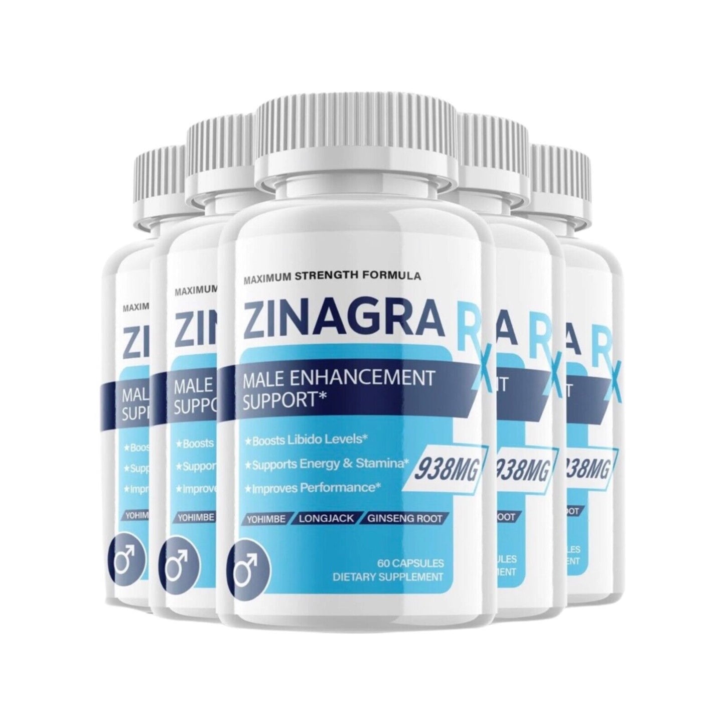5-Pack Zinagra Rx Capsules, Vegan, Extra Strength Formula Pills for Men-300 Caps