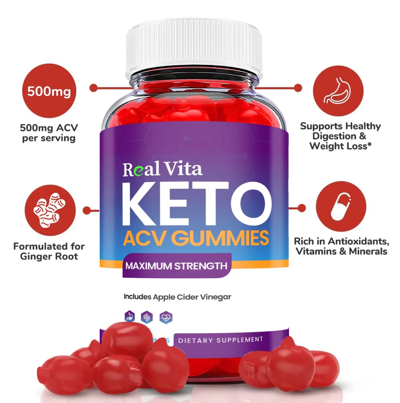 3-Pack Real Vita Keto ACV Gummies, Vegan,Apple Cider Vinegar Gummies-180 Gummies