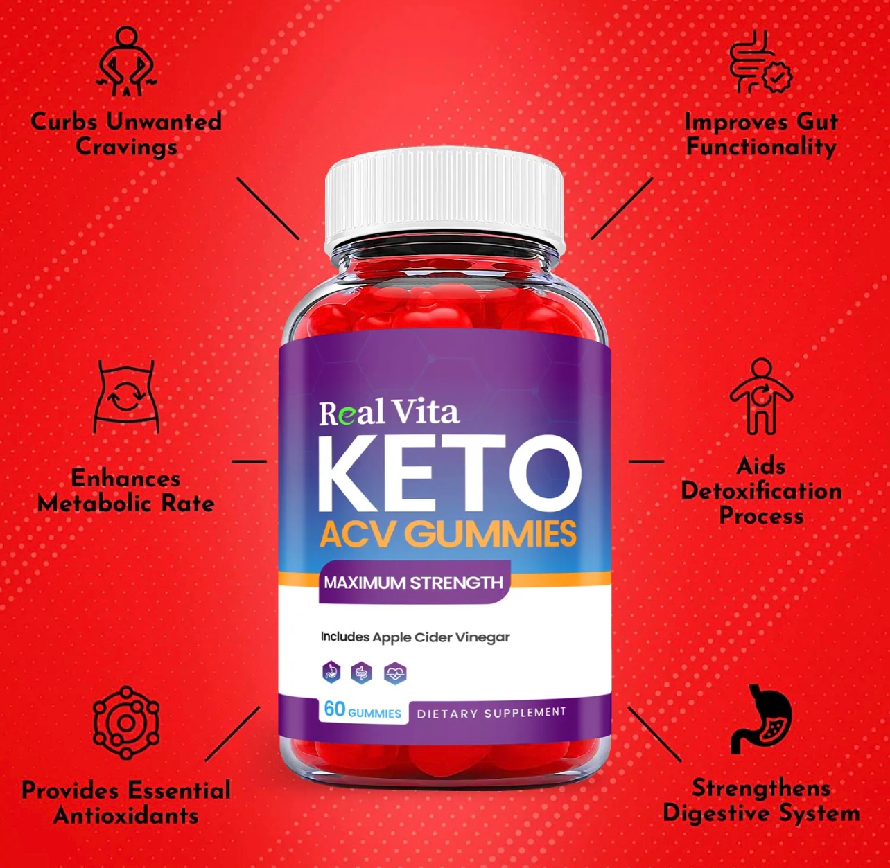 2-Pack Real Vita Keto ACV Gummies, Vegan,Apple Cider Vinegar Gummies-120 Gummies
