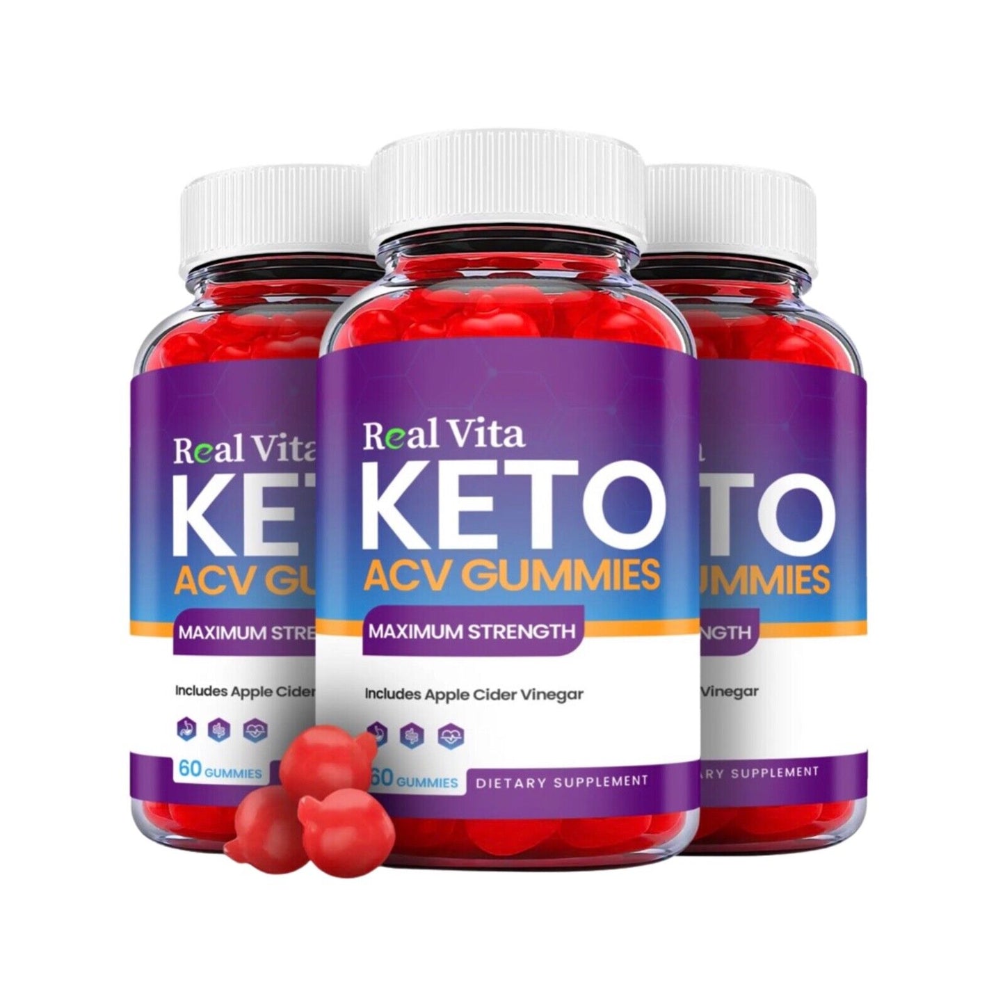 3-Pack Real Vita Keto ACV Gummies, Vegan,Apple Cider Vinegar Gummies-180 Gummies