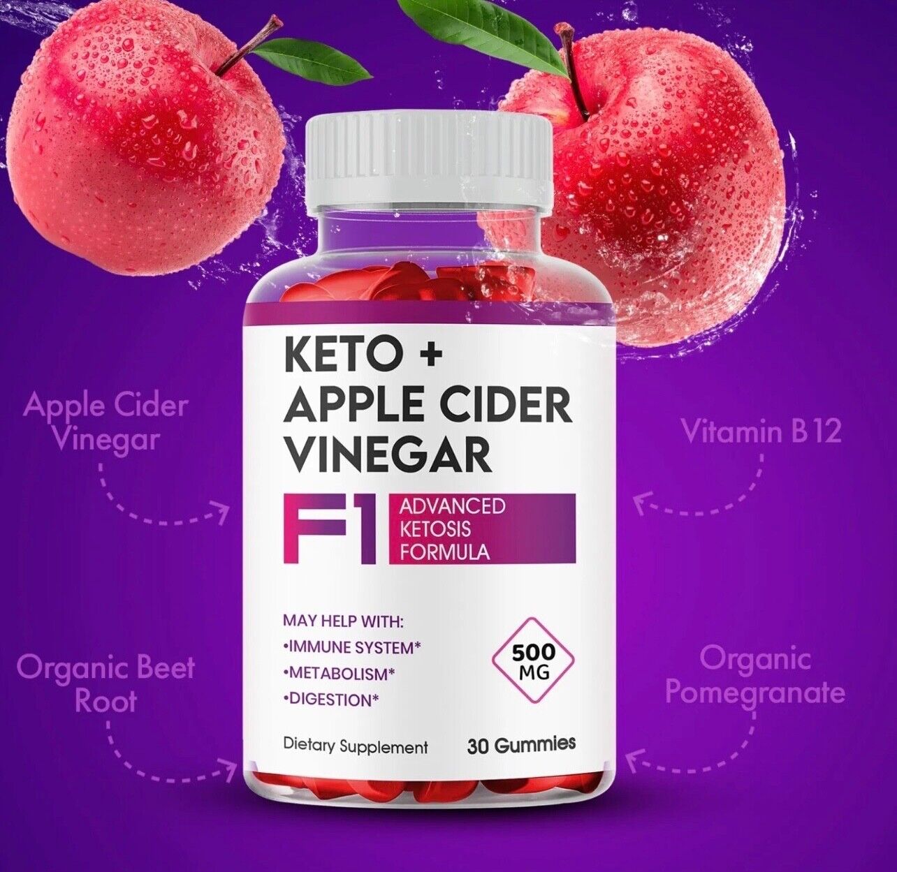 F1 Keto ACV Gummies, Weight Loss, Fat Burner, Vegan - 60 Gummies