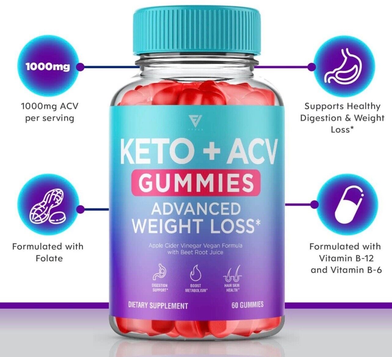 2-Pack Keto ACV Gummies, Keto+ACV, Apple Cider Vinegar Gummies (120 Gummies)