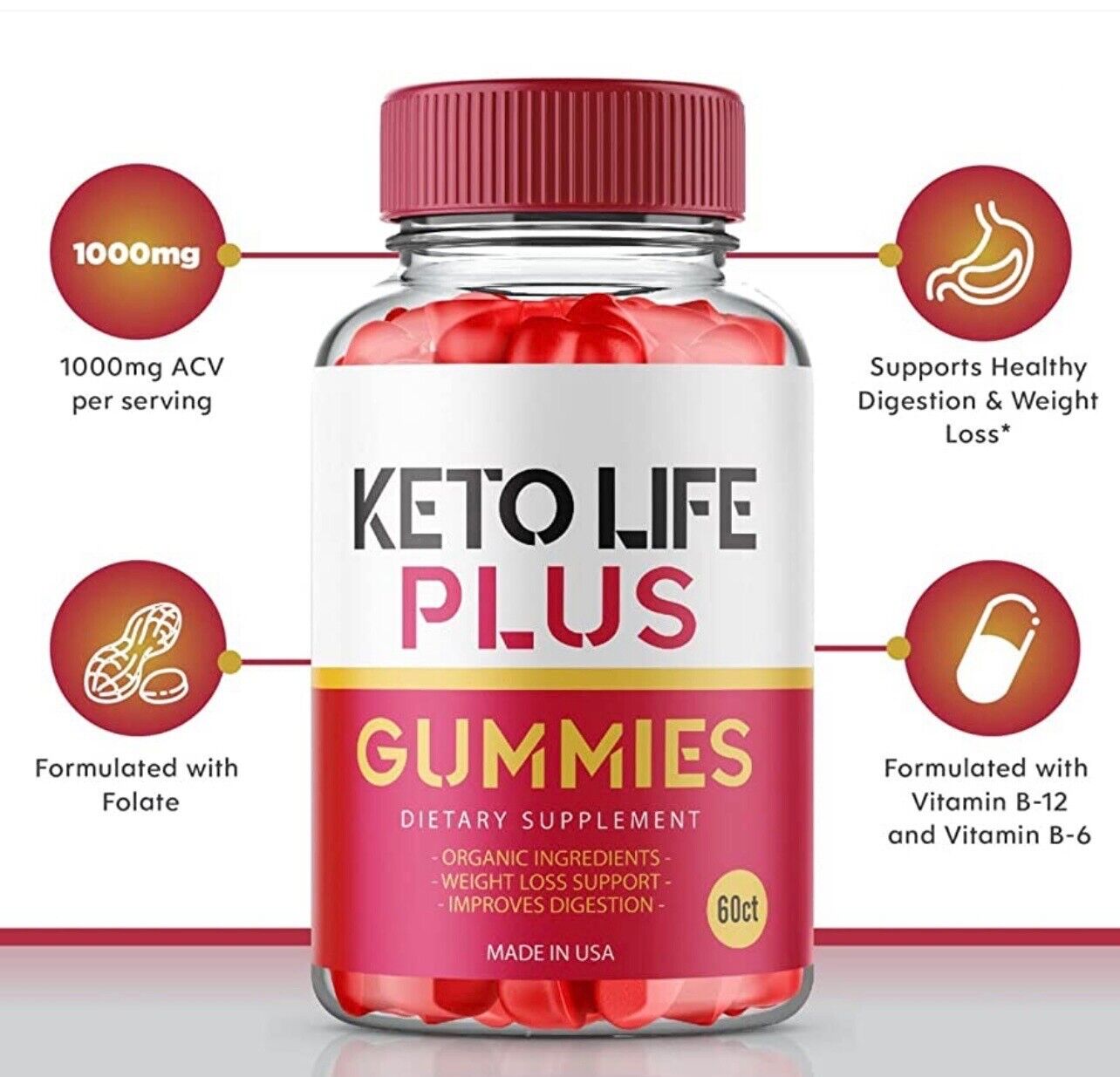Keto Life Plus Gummies, ACV, Vegan, Advanced Weight Loss (60 Gummies)