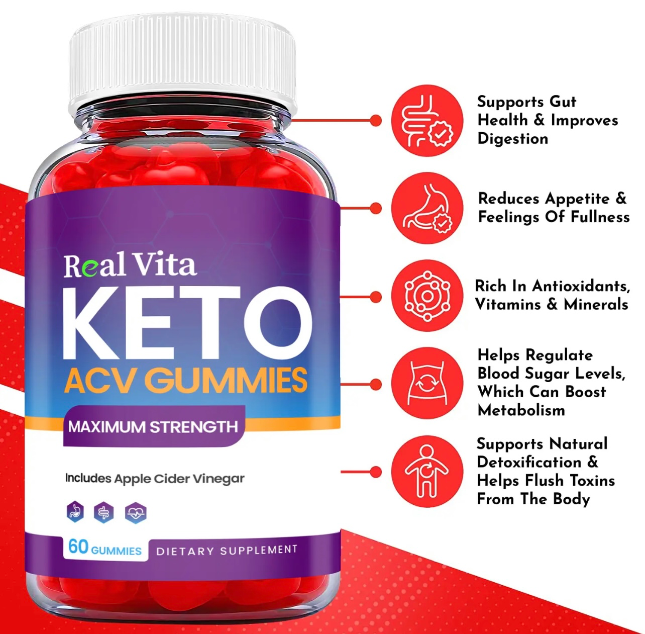 3-Pack Real Vita Keto ACV Gummies, Vegan,Apple Cider Vinegar Gummies-180 Gummies