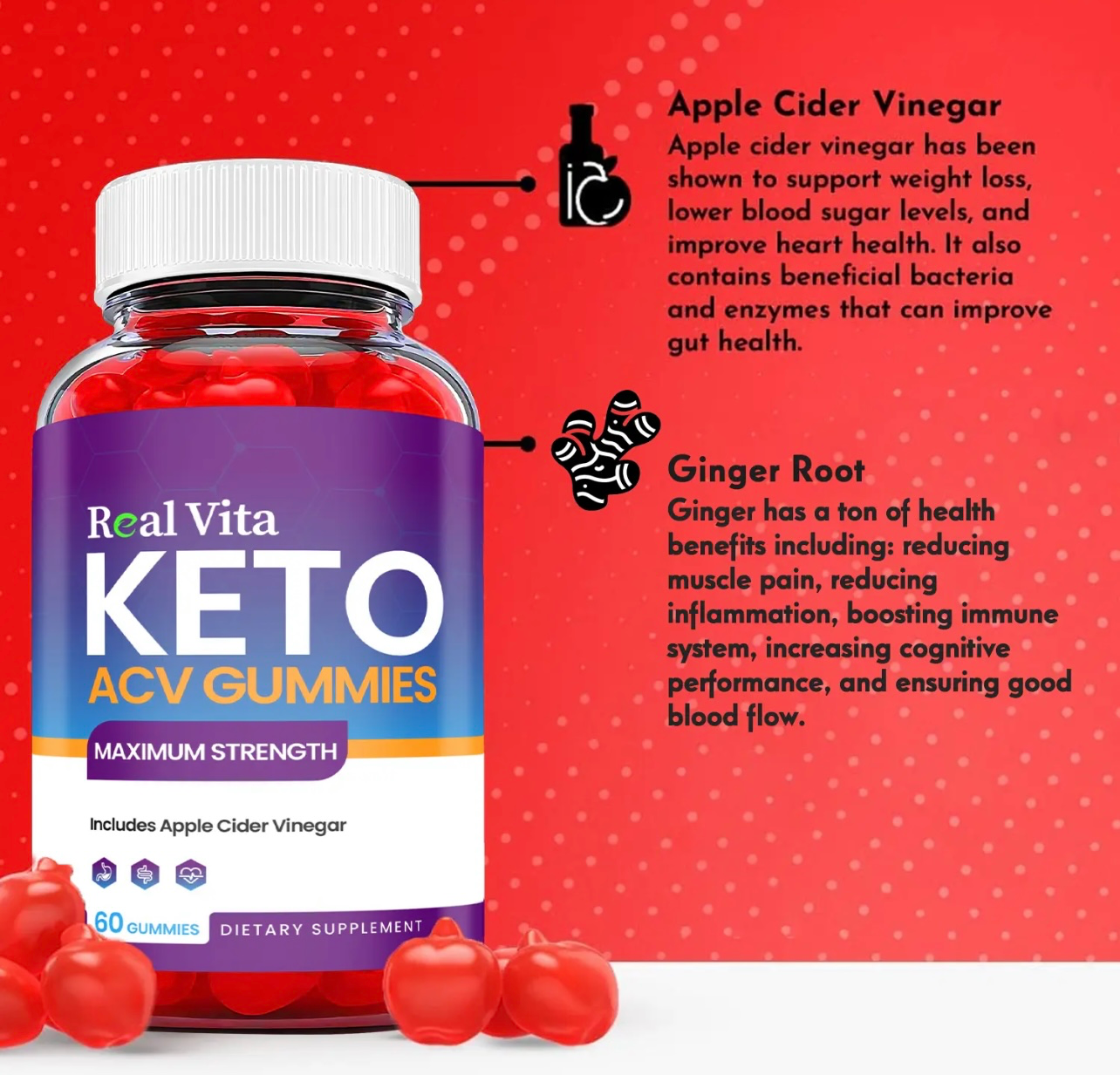 3-Pack Real Vita Keto ACV Gummies, Vegan,Apple Cider Vinegar Gummies-180 Gummies