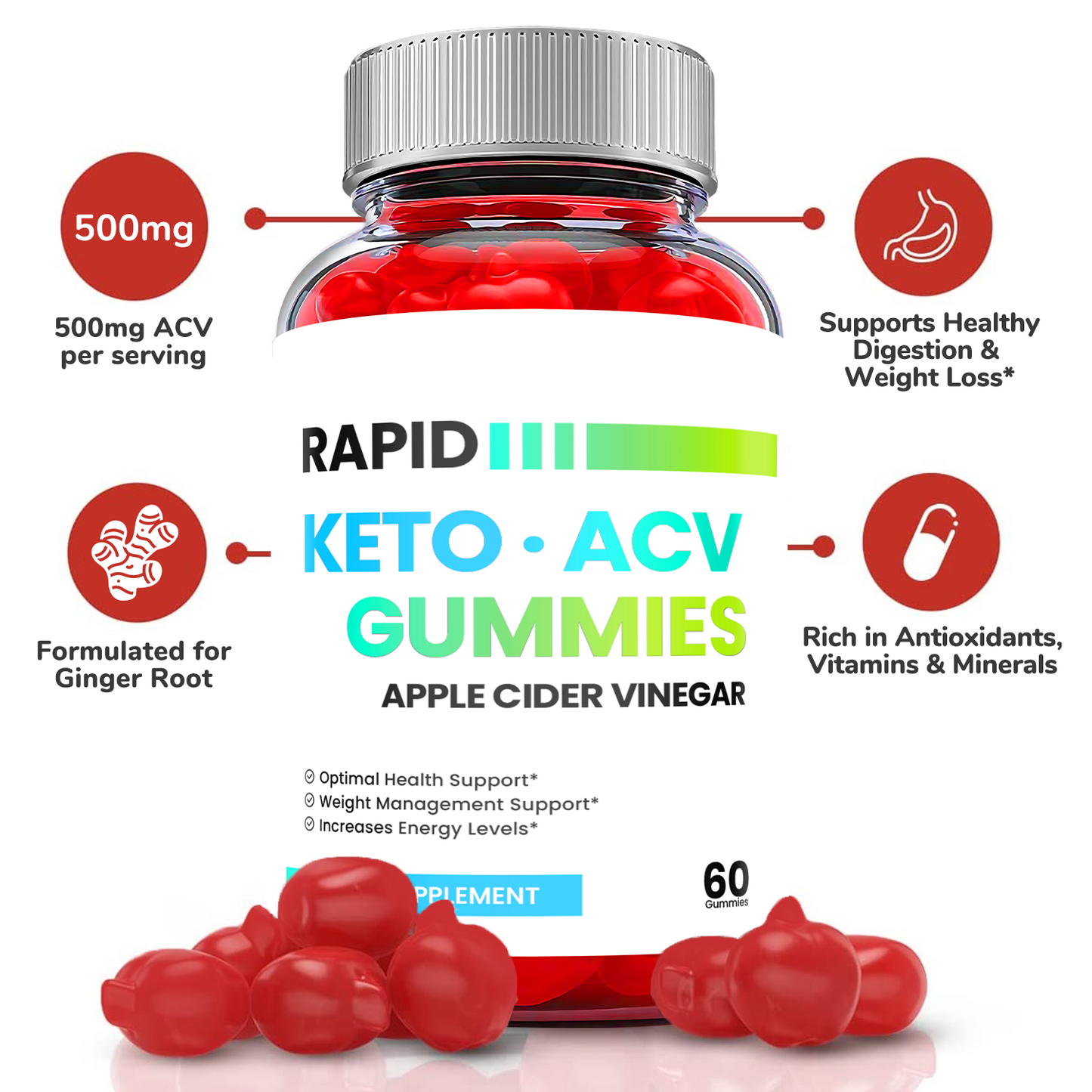 3-Pack Rapid Keto ACV Gummies, Vegan, Fat Burn, Weight Loss Gummies-180 Gummies